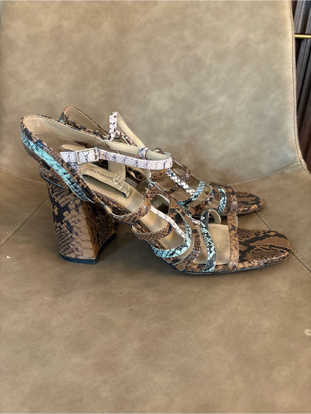 Antonio Melani snakeskin print heeled strappy shoes heels sandals size 10 - Picture 2 of 6